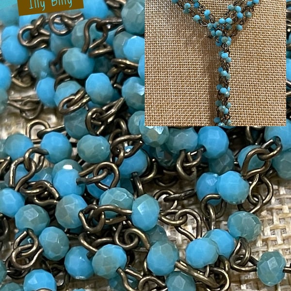 Chain New 2022 Petite itty bitty 4mm Opaque ISLAND AQUA flash faceted roundel beaded chain Handcrafted USA