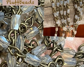 Chain LAST PIECE 24”  antique brass plated BEIGE Opal 5mm Faceted rectangular crystal Beaded Chain 5mm Faceted Crystal beads