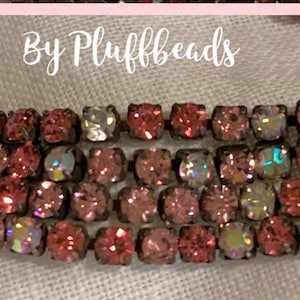 Rhinestone Vintage style Chain mixed PINKS Crystal CUP chain delicate tiny 2mm ss6.5 Flea Market Style aged Patina brass