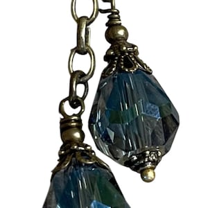Double drop dangle Vintage Style Wire wrapped capped dangle charm Deep Sea BLUE faceted crystal drops on chain
