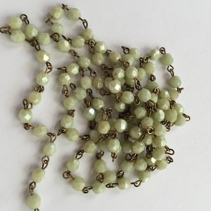 Chain Handmade  Linked Beaded Chain with Soft Seafoam luster green 4mm Faceted Czech Glass BeadsLinked