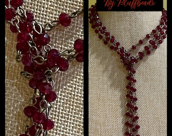 Chain Vintage Style 6mm RED Antique Brass plated wire faceted glass handmade beaded chain rosary style