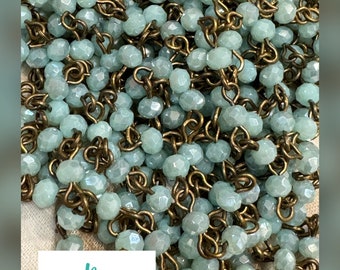 Chain New 2024 SEA GLASS Aqua flash Petite itty bitty 4mm  flash faceted roundel beaded chain Handcrafted USA