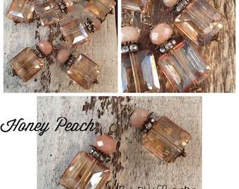 Dangle Victorian Style flat square HONEY Peach crystal and rhinestone pendant dangle drops 2 pcs