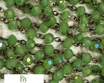 Chain Handcrafted Beaded Chain USA made opaque  Opal Deep Emerald green flash roundel 6x4 mm Faceted Crystal Beads