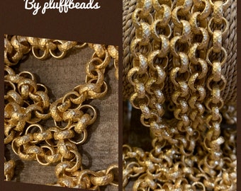 Chain I351 Vintage Style Textured pattern Chunky repurposing chain 8mm sturdy ROLO Matte Gold color plating 1 foot