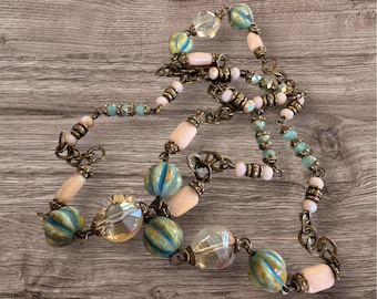 Shabby Chic Assemblage Chain, Green & Pink European Glass, Antique Brass Plated