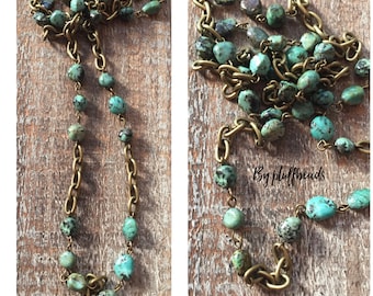 Chain Vintage Style Handmade Linked Rosary Chain 5mm to 8mm African Turquoise nuggets 5x9mm antique brass plated link chain