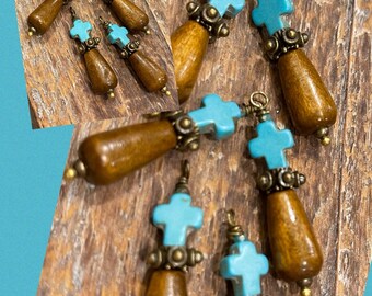 Dangle New 2022  Earthy cross wood dangle drops  DIY Components antique brass wire Handcrafted in the USA