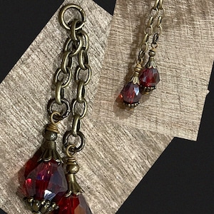 Dangle Double drop dangle Vintage Style Wire wrapped capped dangle charm RUBY Red faceted crystal drops on chain