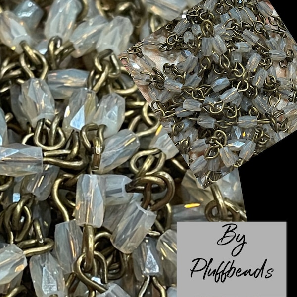 Chain 2023 NEW antique brass plated Milky Opal GRAY Flash 5mm Faceted rectangular crystal Beaded Chain 5mm Faceted Crystal beads