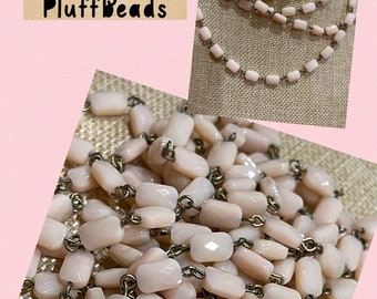 Chain New 2022 French Pastels Chunky BAGUETTE 9x6mm opaque  cut Parasol PINK Faceted crystals Chain antique brass plated Beaded Chain