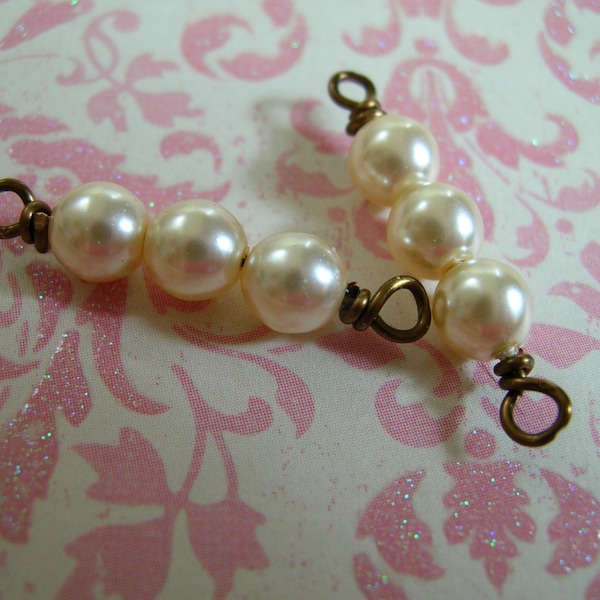 I285 Heirloom Style Wire wrapped stacked crystal connector link components Cream Faux Pearl beads 2 pcs.