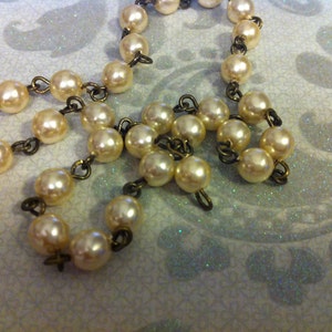 Chain Vintage Style  Handmade  Linked Beaded Chain with 6mm cream Faux Czech pearls antique brass wireLinked