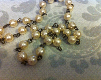 Chain Vintage Style  Handmade Linked Beaded Chain with 6mm cream Faux Czech pearls antique brass wire