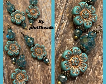 Dangle I702 Dangle drops French Style Floral Finery Opaque floral flat flower copper wash embossed European glass Beads