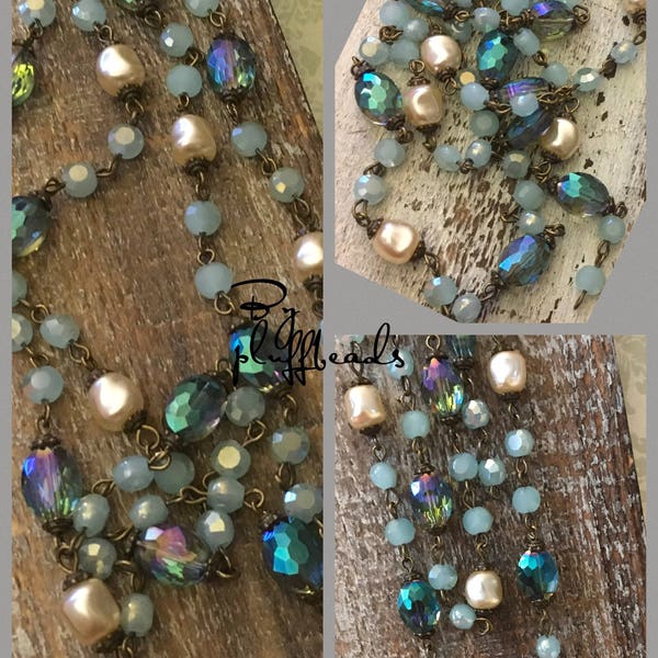 Chain I34 New French Style Finery Baroque pearls shades of teal Crystal Beads
