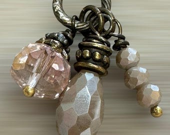 Boho Dangle Charm Set: Peach & Mocha Crystal Beads, Antique Bronze