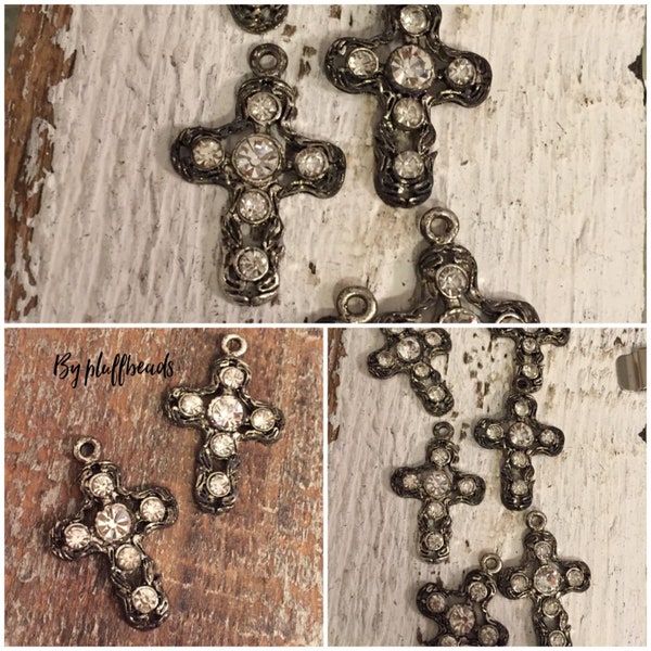 Italian Flea market Vintage Style rustic silver gray patina dangle drop Crosses Clear crystal Rhinestone encrusted 2 pcs