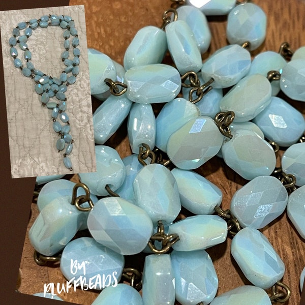 Chain New 2023 Extra Chunky Oval 10x8mm BAGUETTE cut Opaque BABY BLUE flash Faceted crystals Chain antique brass plated Beaded Chain