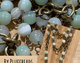Chain Zen Vintage Style Gemstone 6mm Aqua AGATE Handmade Linked Rosary Chain antique brass plated link chain