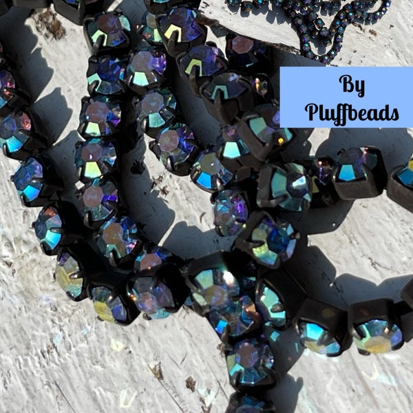 Rustic Flea Market Style iridescent BLUE Cloud 4.2mm ss18 Dark Brown/black Patina brass Rhinestone crystal