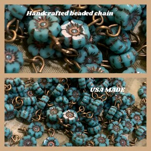 Handcrafted dainty opaque TURQUOISE blue EMBELLISHED gold beaded flower chain Linked