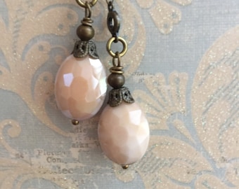 Double drop dangle Vintage Style Wire wrapped capped dangle charm French Parasol milky Pink faceted crystal drops suspended from chain