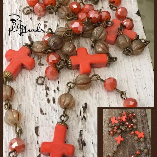 Chain I130 Boho rustic USA Handcrafted beaded linked chain coral howlite crosses crystals European glass Antique brass plated