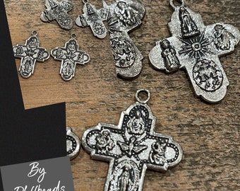 New 2023 Pendant Vintage Style Aged rustic patina Rosary style repurpose crosses 4 way saints medals 4 pcs.