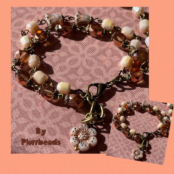 New 2023 Assemblage Bracelet COPPERY CREAM Flower charm Vintage style Assemblage Double strand charm bracelet USA made