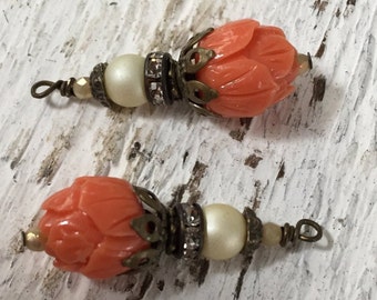 Dangle Vintage style synthetic coral lotus flower dangle drops coral color with antique brass and crystals 2 pcs.