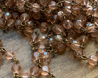 Chain USA made Linked Beaded Chain  6mm flat faceted Frosted matte ZINFANDEL peach crystal beaded chain