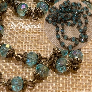 Chain Ornate Capped Beaded Chain Ice AQUA flash USA made Crystal beads faceted 6mm Crystal Beaded chain Linked