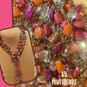 Chain   70’s Couture RETRO colors Chunky Oval BAGUETTE cut Faceted crystals Chain antique brass plated Beaded Chain Linked