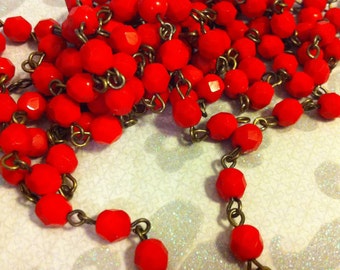 Chain Retro Handmade Linked Beaded Chain with Cherry Red 6mm Faceted Czech Glass Beads