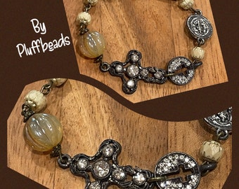 Assemblage BRACELET Vintage style Rustic patina rosary style charm bracelet USA made