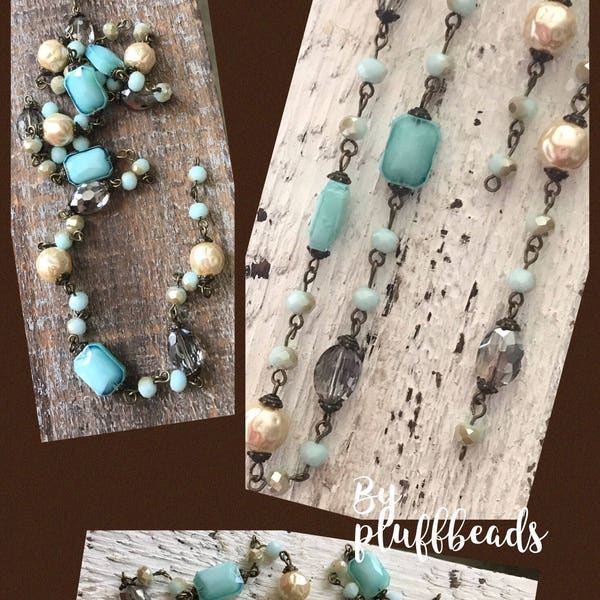 Chain French Style Finery CLASSIC Baroque pearls AQUA milk glass light grey Crystal Beads