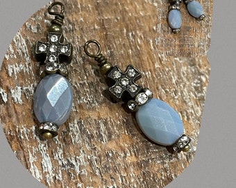 Dangle NEW mini Italian Flea market Style rustic patina wire wrapped Dangle  drop THUNDERSKY opaque GREY Cross crystal pave Rhinestone