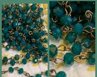 Chain Handmade Beaded Chain USA made opaque  Opal Deep Emerald green flash roundel 6x4 mm Faceted Crystal Beads