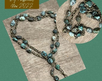 Chain Earthy AFRICAN Turquoise Nuggets 3x5mm PETITE chain  Linked Rosary style  Chain 5mm to 8mm antique brass plated link chain