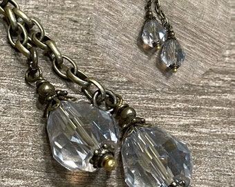 Double drop dangle Vintage Style Wire wrapped capped dangle charm Clean RAIN luster faceted crystal drops on chain