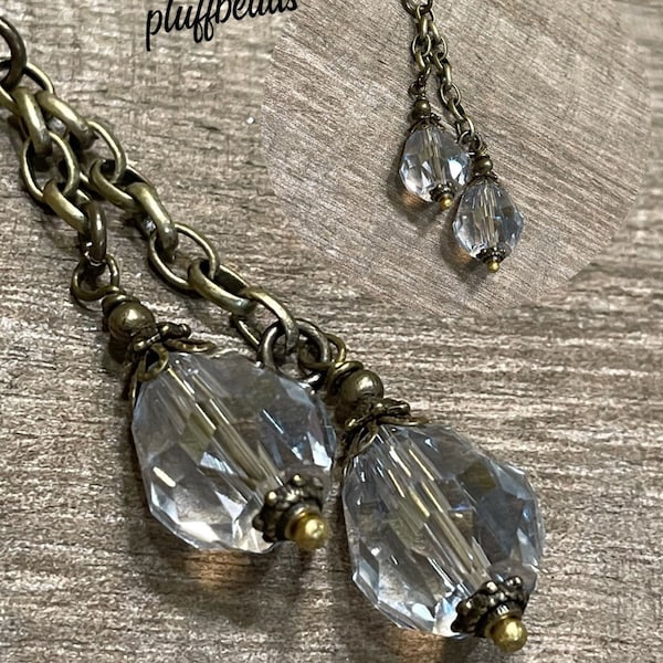 Double drop dangle Vintage Style Wire wrapped capped dangle charm Clean RAIN luster faceted crystal drops on chain