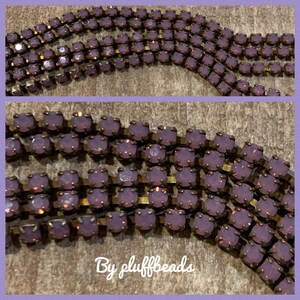 I283 Patina  itty bitty 2mm ss6.5 Vintage style Chain  VIOLET OPAL Crystal CUP chain delicate tiny Flea Market Style aged Patina brass