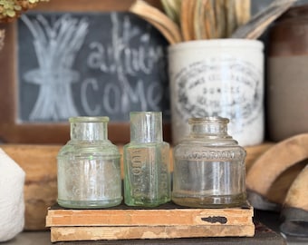 Antique Glass Inkwell Set: Rare London Judson, Pale Green & Clear
