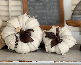 handmade fabric pumpkins with wood stem and leather leaves -set of two