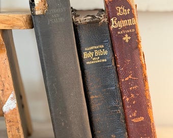 vintage book set of three, Bible, the hymnal, and testament and psalms books