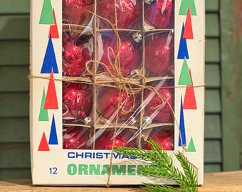 vintage boxed red santa land ornaments, original box with 12 ornaments, great shape