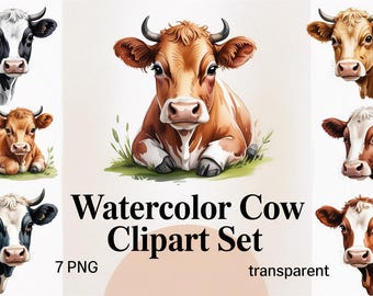 Watercolor Cow Clipart Set, Farm Nursery Decor (PNG)