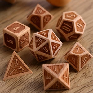 May include: A set of seven polyhedral dice crafted from light and dark wood, featuring engraved numbers. The collection includes a d20, d12, d10, d8, d6, and d4, each displaying distinct geometric shapes and wood grain textures on their faces.
